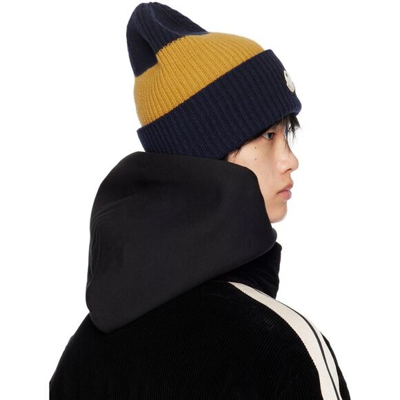 Moncler X Palm Angels Beanie Cap Men OS Navy Yellow Colorblock Knit Wool Hat NWT - Picture 4 of 14